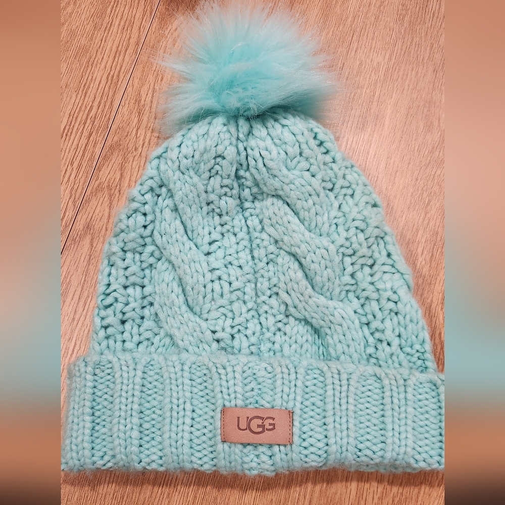 UGG Light Blue Knit Beanie with Pom